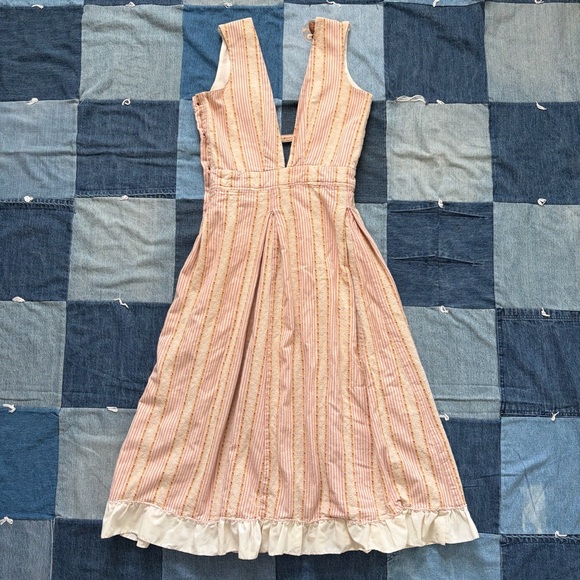 Vintage Dresses & Skirts - vtg 70s dress ruffle hem deep vneck striped embroidered pink cream green